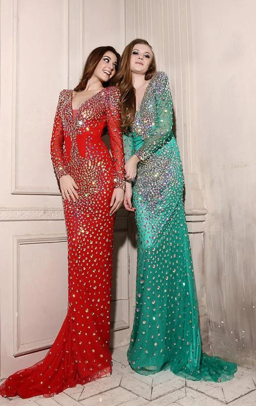 Formal Gowns Angela & Alison - 21095 Long Sleeve Plunging Bejeweled Gown 6 Formal Gowns Angela & Alison - 21095 Long Sleeve Plunging Bejeweled Gown