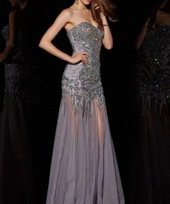 Angela & Alison - 41001 Strapless Crystal-Festooned Tulle Gown Formal Gowns