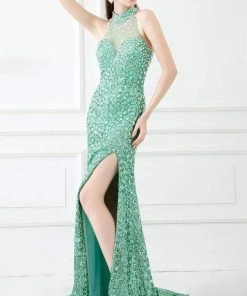 Angela & Alison - 41053 Illusion High Halter Sheath Dress