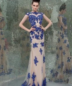 Formal Gowns Angela & Alison - 41082 Cap Sleeve Lace Sheath Long Gown