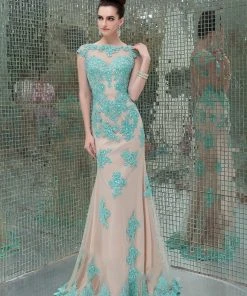 Formal Gowns Angela & Alison - 41082 Cap Sleeve Lace Sheath Long Gown