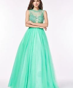 Angela & Alison - 61126 Illusion Floral Lace Festooned Ballgown Formal Gowns