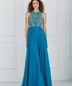 Angela & Alison - 61191 Illusion Gilt Beaded A-Line Gown