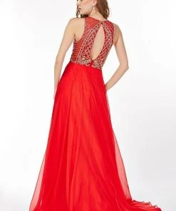 Angela & Alison - 61191 Illusion Gilt Beaded A-Line Gown