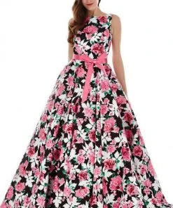 Angela & Alison - 62046 Sleeveless Bateau Neck Floral Ballgown - 1 Pc Black/Floral In Size 8 Available