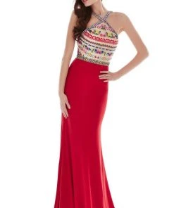 Formal Gowns Angela & Alison - 62054 Embroidered Halter Neck Sheath Dress