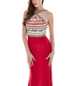 Formal Gowns Angela & Alison - 62054 Embroidered Halter Neck Sheath Dress