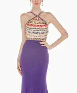 Formal Gowns Angela & Alison - 62054 Embroidered Halter Neck Sheath Dress