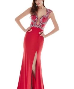 Angela & Alison - 62060 Beaded Plunging Neck Evening Gown
