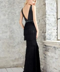 Angela & Alison - 71003 V-neck Layered Fringed Sheath Dress 9 Angela & Alison - 71003 V-neck Layered Fringed Sheath Dress