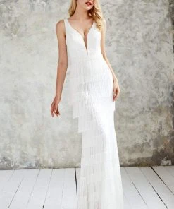 Angela & Alison - 71003 V-neck Layered Fringed Sheath Dress 11 Angela & Alison - 71003 V-neck Layered Fringed Sheath Dress