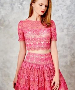 Formal Gowns Angela & Alison - 71008 Laced Two-Piece A-line Evening Gown