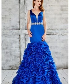 Formal Gowns Angela & Alison - 71022 Deep V-Neck Ruffled Mermaid Gown