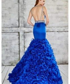 Formal Gowns Angela & Alison - 71022 Deep V-Neck Ruffled Mermaid Gown