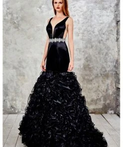 Formal Gowns Angela & Alison - 71022 Deep V-Neck Ruffled Mermaid Gown