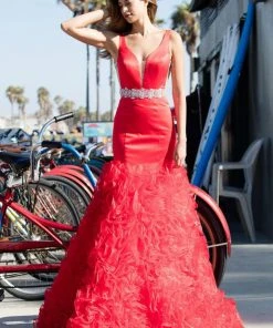 Formal Gowns Angela & Alison - 71022 Deep V-Neck Ruffled Mermaid Gown