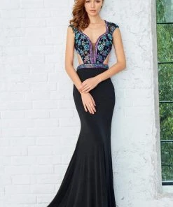 Formal Gowns Angela & Alison - 71045 Beaded Deep V-neck Sheath Gown