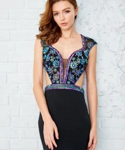 Formal Gowns Angela & Alison - 71045 Beaded Deep V-neck Sheath Gown