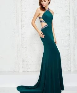 Formal Gowns Angela & Alison - 71118 Beaded Halter Long Dress With Cut Out Panels