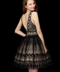 Cocktail Dresses Angela & Alison - 72006 Lace Plunging V-neck Cocktail Dress