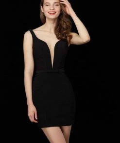 Angela & Alison - 72011 Fitted Plunging Sheath Dress With Bow Formal Gowns