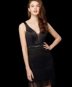 Angela & Alison - 72032 Plunging Beaded Waist Fringe Short Dress Cocktail Dresses