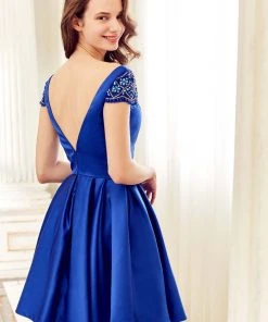 Angela & Alison - 72047 Beaded Cap Sleeves Plunging Cocktail Dress Cocktail Dresses