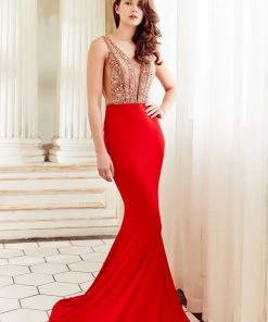 Angela & Alison - 72061 Plunging Neck Beaded Mermaid Gown Formal Gowns