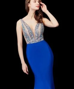 Angela & Alison - 72061 Plunging Neck Beaded Mermaid Gown Formal Gowns