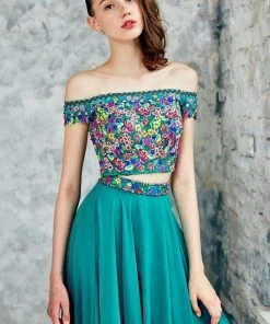 Formal Gowns Angela & Alison - 771032 Off Shoulder Floral Top Two Piece Dress