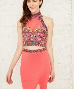 Formal Gowns Angela & Alison - 771124 Floral Embroidered Halter Two-piece Dress