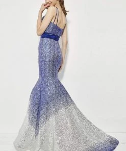 Formal Gowns Angela & Alison - 81008 Two-Toned Sequin Ornate Trumpet Gown