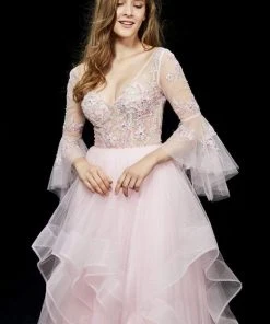 Angela & Alison - 81011 Quarter Sleeve Flounce Illusion Ballgown