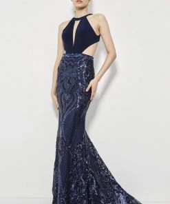 Formal Gowns Angela & Alison - 81020 High Halter Multi-Cutout Sequined Gown
