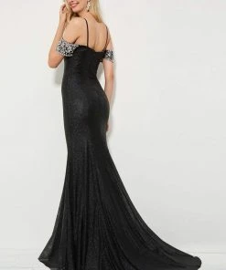 Angela & Alison - 81021 Bejeweled Off Shoulder Glitter Sheath Gown Formal Gowns