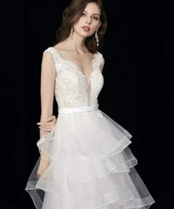 Formal Gowns Angela & Alison - 81025 Scalloped Plunge Lace Bodice Ballgown