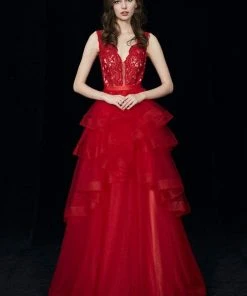 Formal Gowns Angela & Alison - 81025 Scalloped Plunge Lace Bodice Ballgown