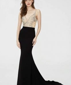 Formal Gowns Angela & Alison - 81047 Crystal Embellished Plunging Mermaid Gown