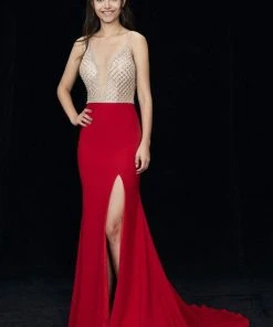 Formal Gowns Angela & Alison - 81060 Bejeweled Deep V-neck Sheath Dress
