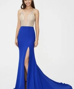 Formal Gowns Angela & Alison - 81060 Bejeweled Deep V-neck Sheath Dress