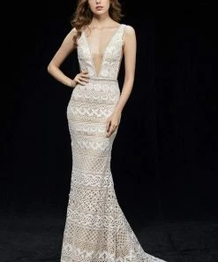 Formal Gowns Angela & Alison - 81064 Embroidered Deep V-neck Sheath Dress