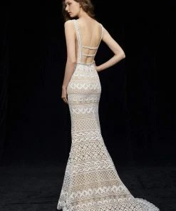 Formal Gowns Angela & Alison - 81064 Embroidered Deep V-neck Sheath Dress