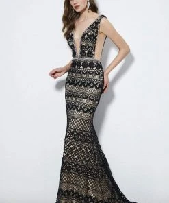 Formal Gowns Angela & Alison - 81064 Embroidered Deep V-neck Sheath Dress