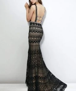 Formal Gowns Angela & Alison - 81064 Embroidered Deep V-neck Sheath Dress