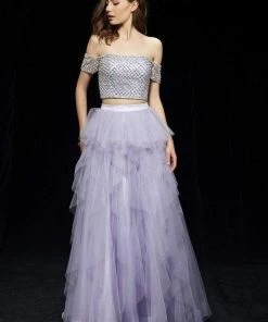 Angela & Alison - 81082 Bedazzled Two Piece Off Shoulder Dress