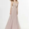 Angela & Alison - 91036 Rhinestone Criscross Waistband Illusion Plunging Soft Net Gown - 2 Pcs Rum Pink In Sizes 14 And 18 Available