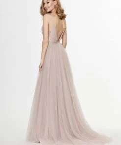 Angela & Alison - 91036 Rhinestone Criscross Waistband Illusion Plunging Soft Net Gown - 2 Pcs Rum Pink In Sizes 14 And 18 Available