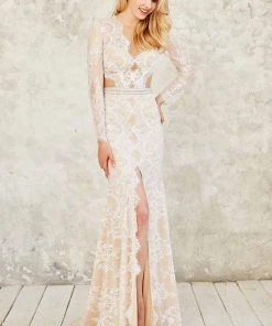 Angela & Alison Long Sleeve Illusion Lace High Slit Gown - 1 Pc Fuchsia In Size 2 Available