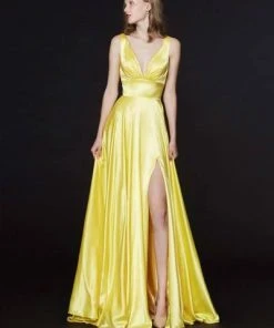 Angela & Alison - Ruched Plunging V-Neck Gown With Slit 91041 - 1 Pc Yellow In Size 4 Available Formal Gowns
