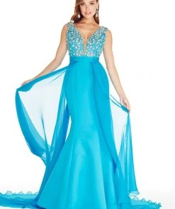 Formal Gowns Ashley Lauren - 1277 Plunging Evening Dress With Overskirt